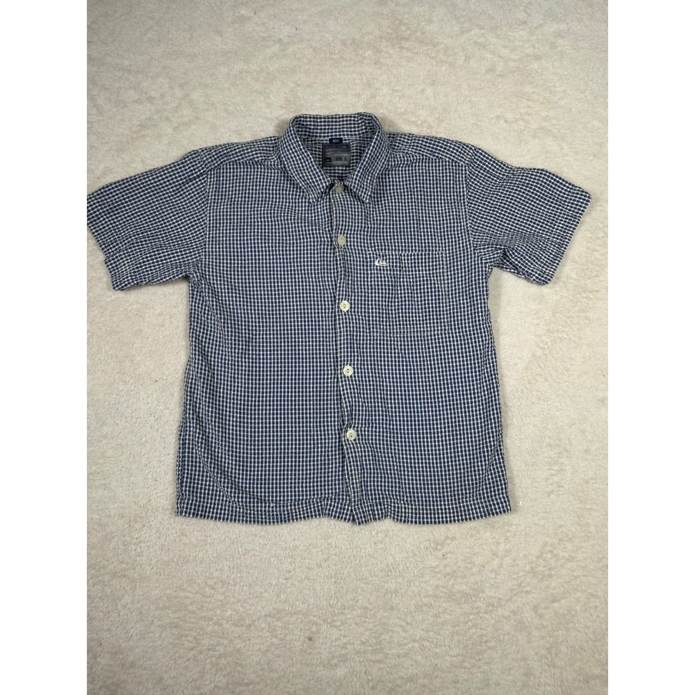 Quiksilver Button Down Boys 10/12 Navy Blue Gingham Short Sleeve y2k Surf Shirt